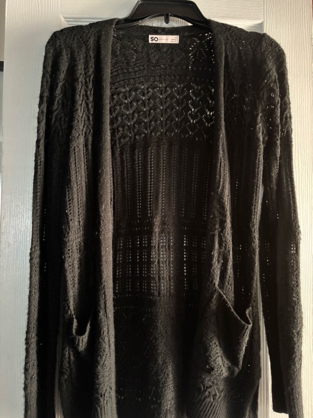 SO Black Open-Knit Long Cardigan with Pockets